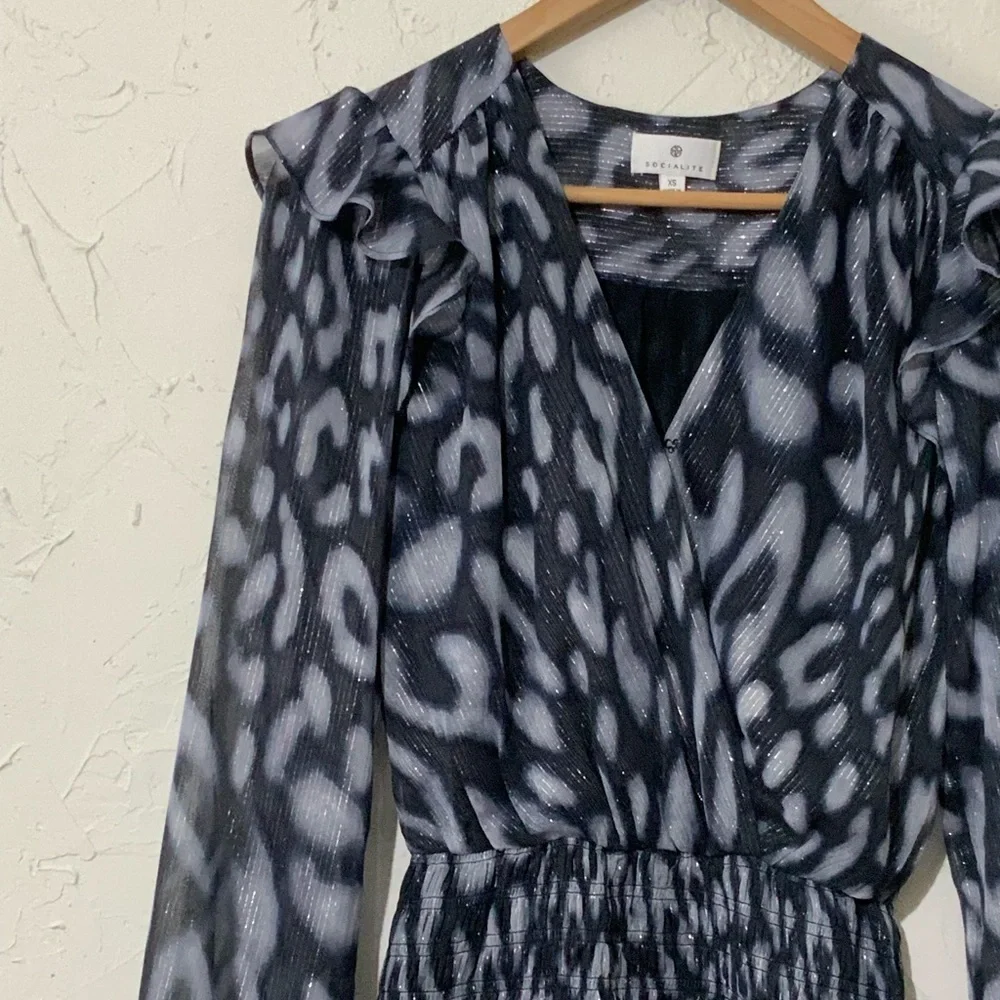 Socialite Metallic Chiffon Smock Waist Ruffle Hem Long Sleeve Mini Dress Sz XS